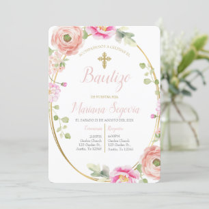 Invitation Invitación de bautismo floral rosa en español