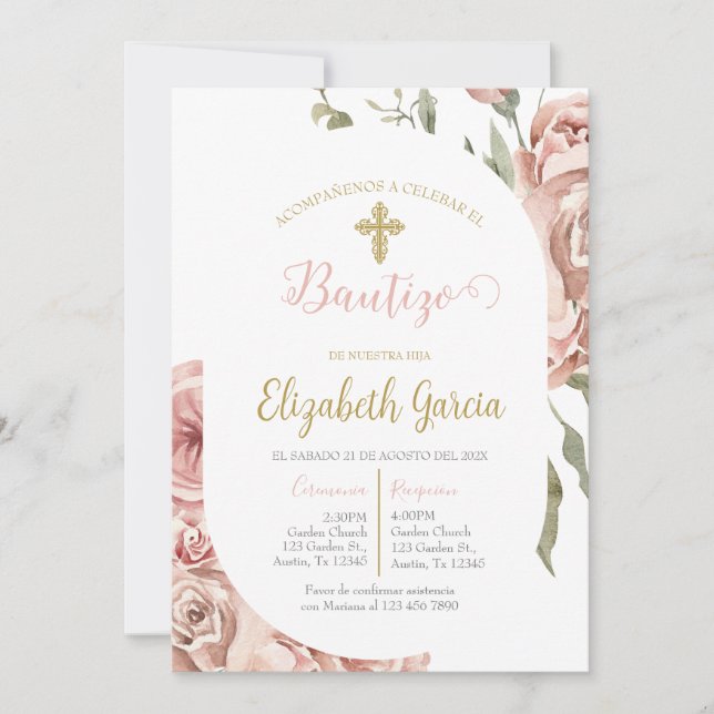 Invitation Invitación de bautismo floral rosa en español (Devant)
