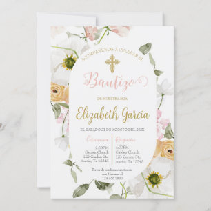 Invitation Invitación de bautismo floral rosa en español