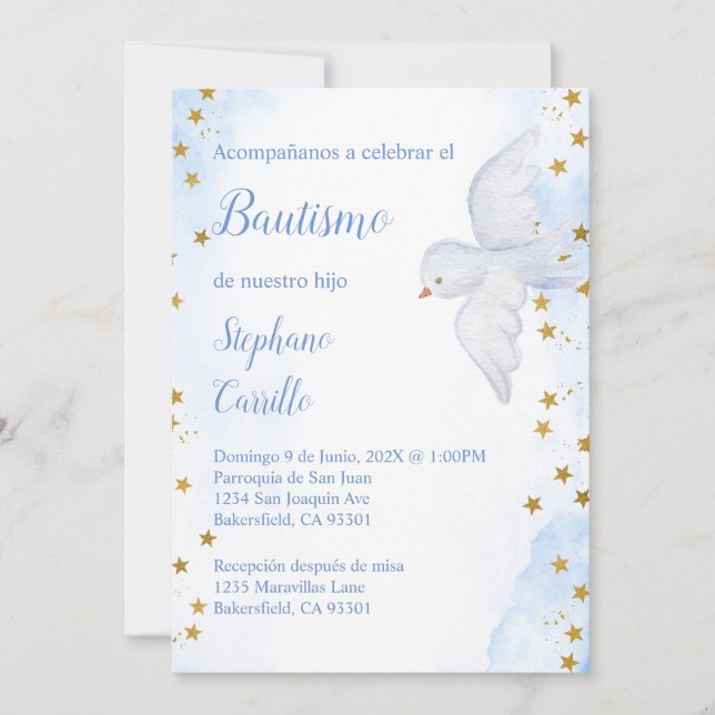 Invitation Invitación de bautismo para niño con paloma blanca (Devant)
