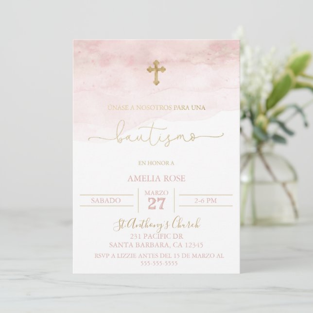 Invitation Invitación de bautismo rosa y dorada para niña (Debout devant)