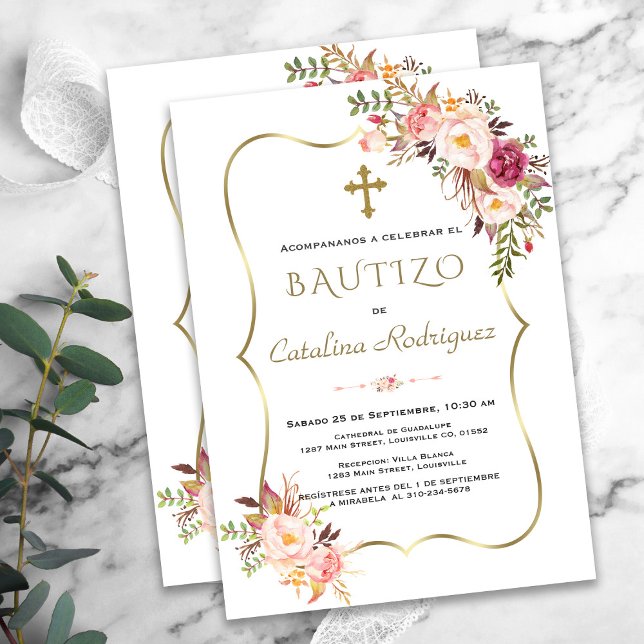 Invitation Invitacion De Bautizo Con Flores Gold Girl Baptême (bautizo pink flowers invitation elegant trendy modern)