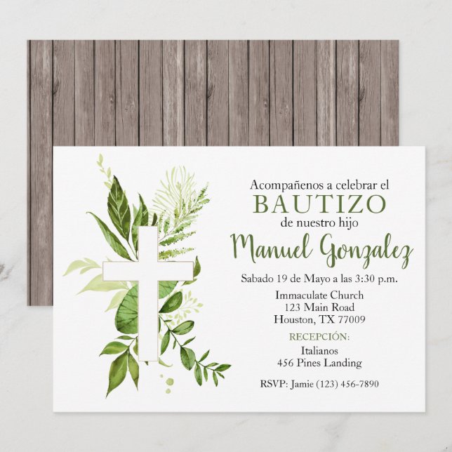 Invitation Invitación de Bautizo de Niño Verde con Cruz (Devant / Derrière)