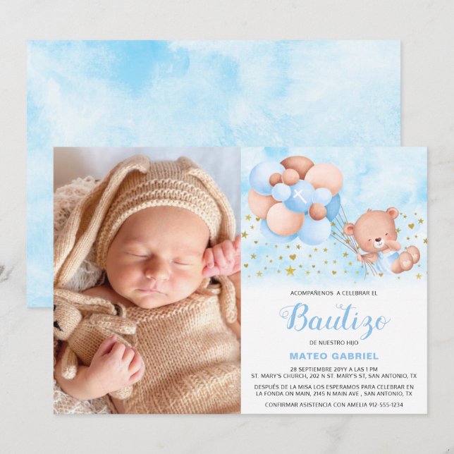 Invitation Invitación de Bautizo para Niño con Foto Baptism (Devant / Derrière)