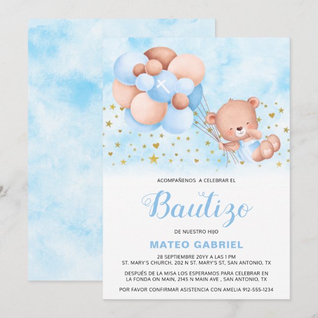 Invitation Invitación de Bautizo para Niño con Oso Baptism (Devant / Derrière)