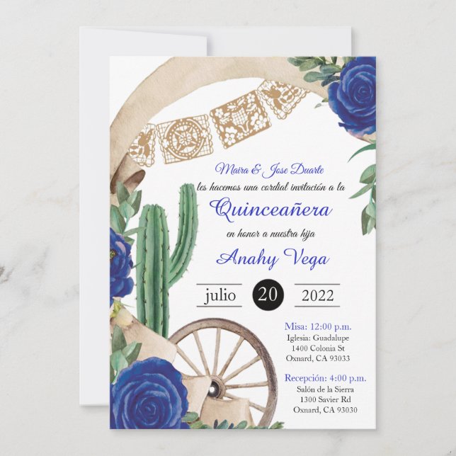 Invitation Invitación de Charro Huapango Quinceanera, bleu (Devant)