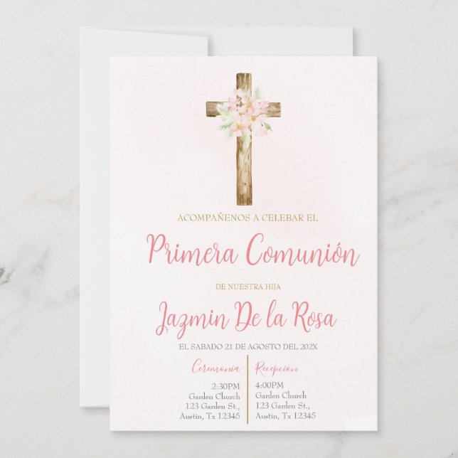 Invitation Invitación de primera comunión floral rosa (Devant)