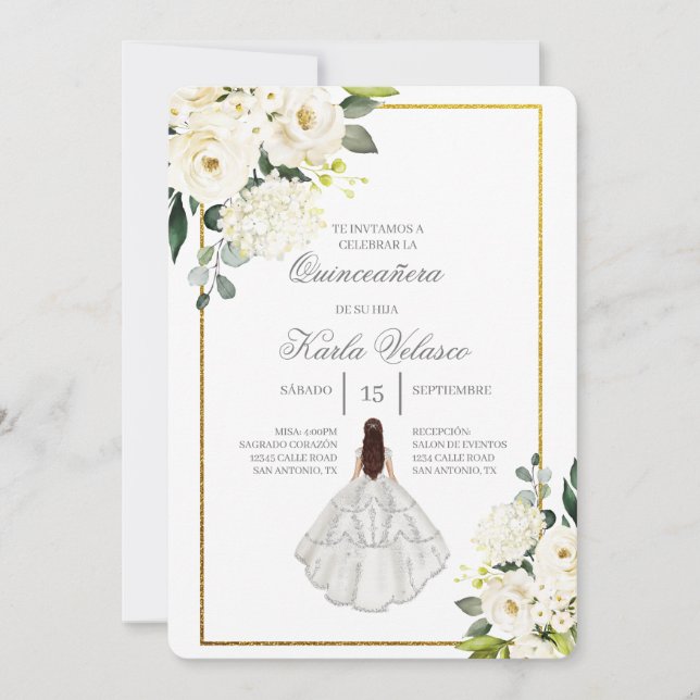 Invitation Invitación de quinceañera con vestido blanco (Devant)