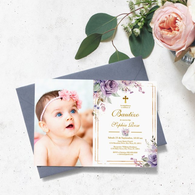 Invitation Invitación de Rosas Moradas para Bautizo (Créateur téléchargé)