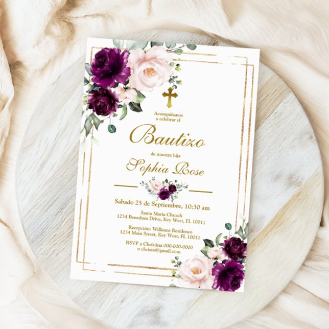 Invitation Invitación de Rosas Moradas para Bautizo (Créateur téléchargé)