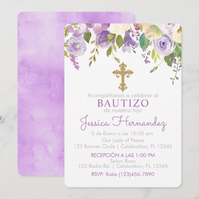 Invitation Invitación de Rosas para Bautizo de niña (Devant / Derrière)