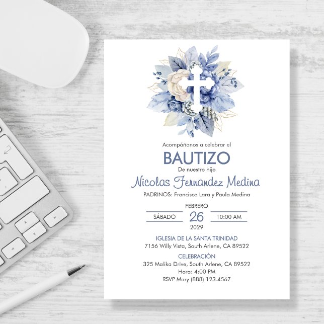 Invitation Invitacion espagnol Bautizo Blue Flowers Baptême (Créateur téléchargé)