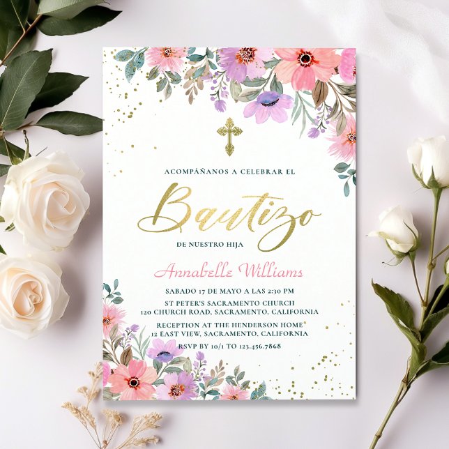 Invitation Invitacion Espagnol De Bautizo Floral Baptême (Créateur téléchargé)