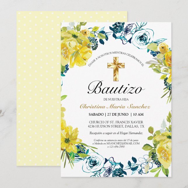 Invitation Invitación floral amarilla linda del bautismo (Devant / Derrière)