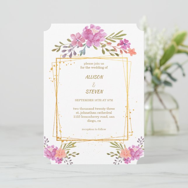 Invitation invitación Floral de Rosa con marco geométrico (Debout devant)