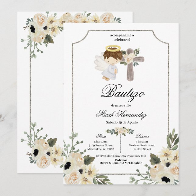 Invitation Invitacion florale Silver Cross Mi Bautizo (Devant / Derrière)