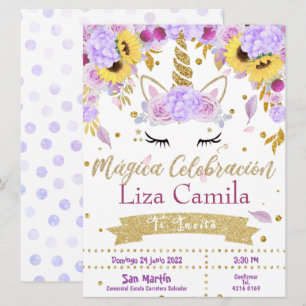 Invitation Invitación Lindo unicornio con flor lila y rosa