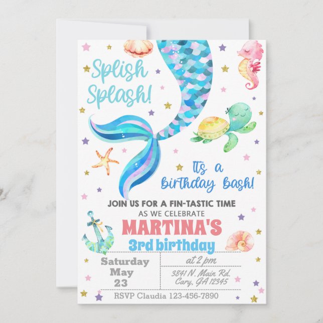 Invitation Invitación Mermaid birthday invitation, sea turtle (Devant)