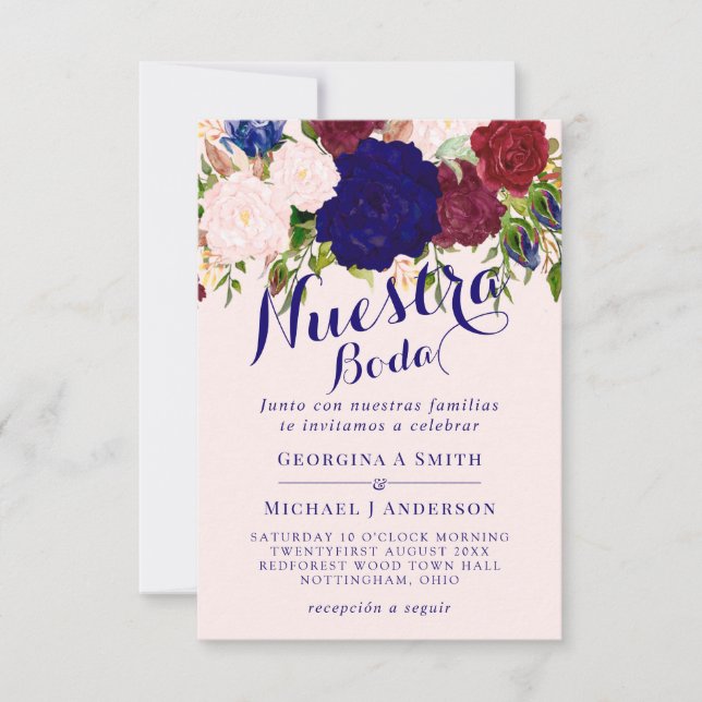 Invitation Invitacion Nuestra Boda Bourgogne bleu rose floral (Devant)