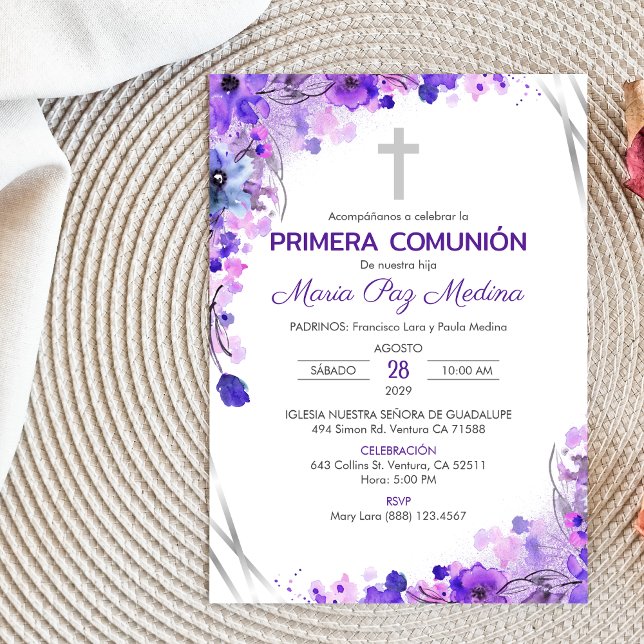 Invitation Invitacion Primera Comunion Fleurs pourpres mignon (Créateur téléchargé)
