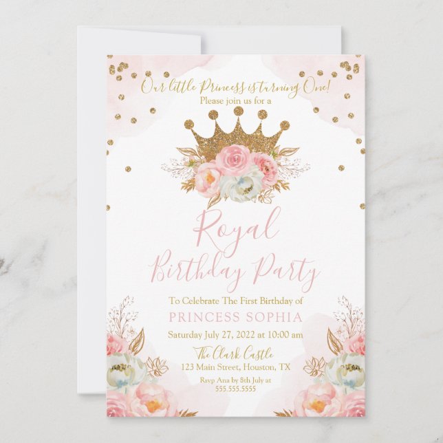 Invitation Invitación Princess Floral Rose & Or Anniversaire  (Devant)