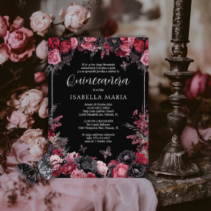 Invitation Invitación Quinceañera floral gótica rosada, roja