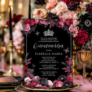 Invitation Invitación Quinceañera floral gótica rosada, roja
