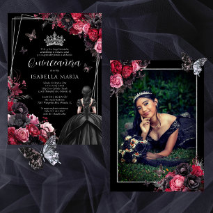 Invitation Invitación Quinceañera floral gótica rosada, roja