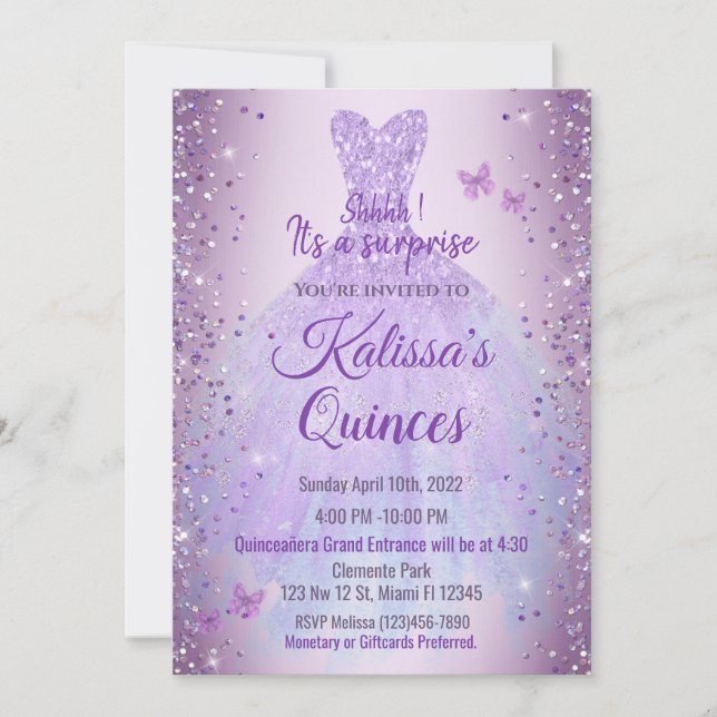 Invitation Invitación Quinceañera Purple Lilac Butterflies (Devant)