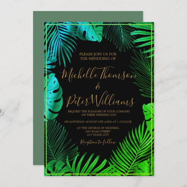 Invitation Invitación tropical gold watercolor wedding (Devant / Derrière)