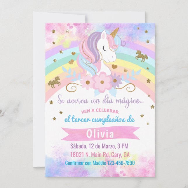 Invitation Invitación Unicorn head birthday invitation, Spani (Devant)