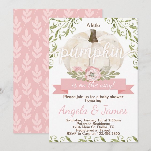 Invitation Invitation Baby shower Citrouille rose (Devant / Derrière)