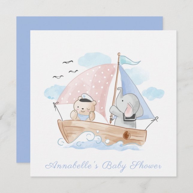 Invitation INVITATION: Baby shower: OURS + ÉLÉPHANT (Devant / Derrière)