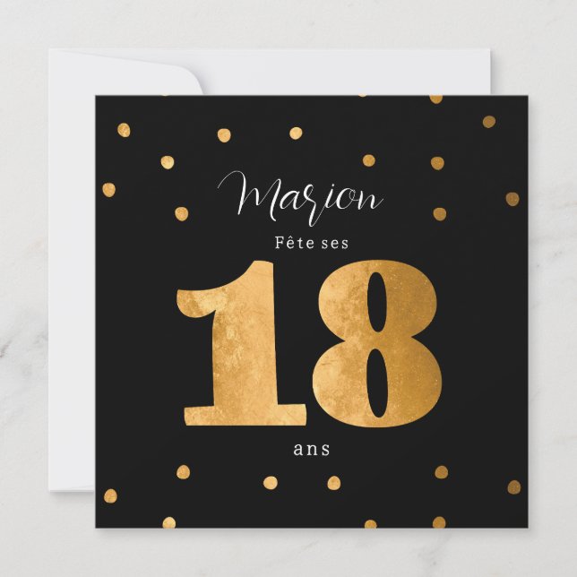 Invitation invitationpersonnal 18 ans anniversaire noir et or (Devant)