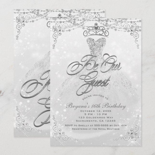 Invitation Invitée Princesse Blanc Argenté Douce 16 Fête (Devant / Derrière)
