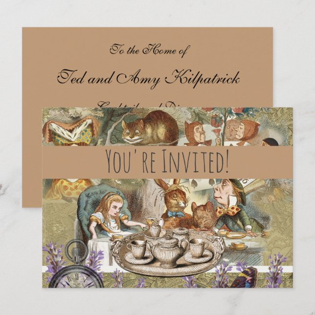Invitation Invités à la fête du thé d'Alice au pays des merve (Devant / Derrière)