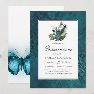 Invitation Iridescendance Bleu Vintage Forêt sauvage Quinceañ