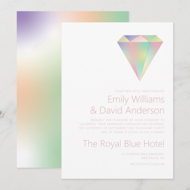 Invitation Iridescendant Rainbow Diamond Rose Gold Mariage (Devant / Derrière)