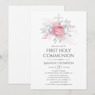 Invitation Iridescente Argent et Pink Floral Holy Communion