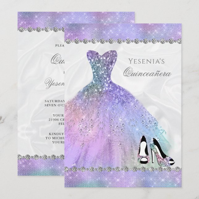 Invitation Iridescente Diamond Sparkle Glam Quinceañera (Devant / Derrière)