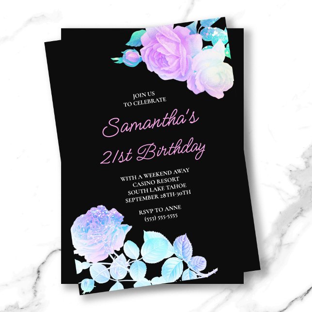 Invitation Iridescente Floral Noir et rose 21e anniversaire (Iridescent Floral Black and Pink 21st Birthday Invitation)