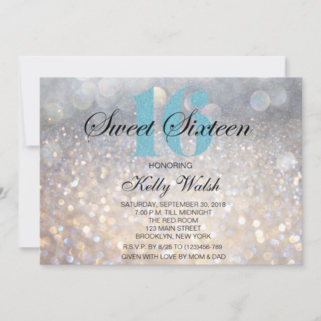Invitation Iridescente Sweet 16 Parties scintillant bleu clai (Devant)