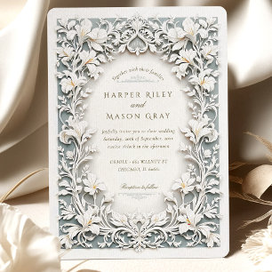 Invitation Iris Blanc Élégant Mariage Faux Design Embossé