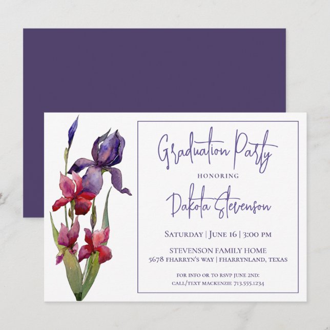 Invitation Iris Graduation Party | Violet Violet Fleur rose (Devant / Derrière)