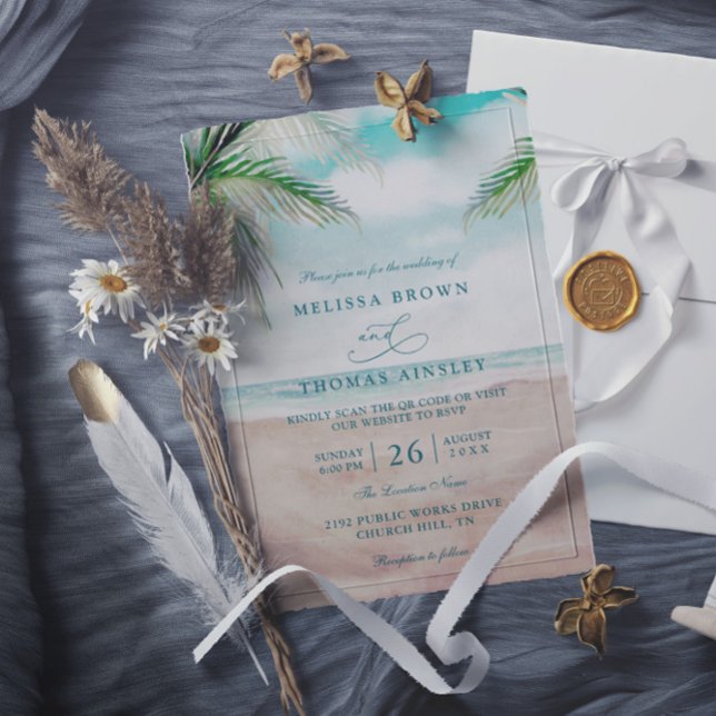 Invitation Island Breeze Sandy Beach Elegant QR Code Wedding  (Créateur téléchargé)