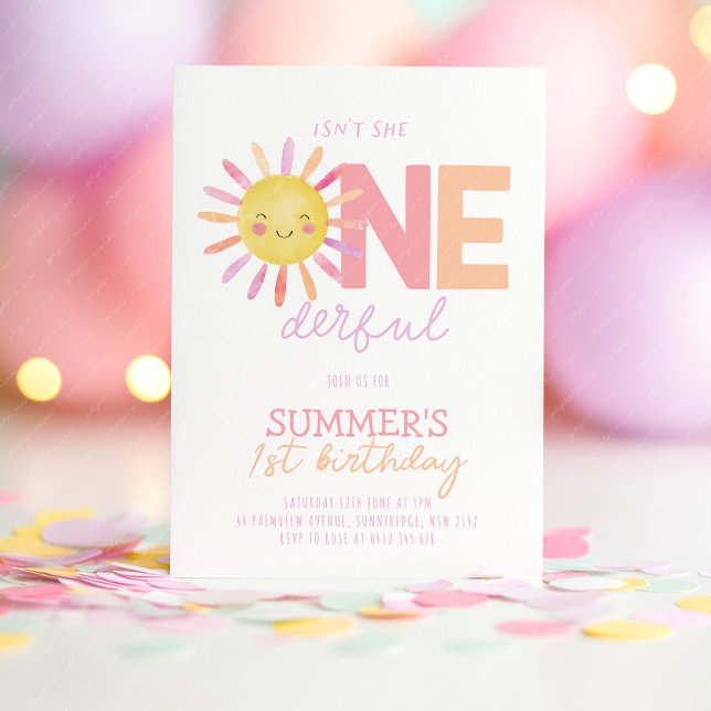 Invitation Isn't She Onederful Sun Girl Bright 1st Birthday (Isn't she Onederful! Girl's sun 1st birthday in bright pink, orange and purple. )