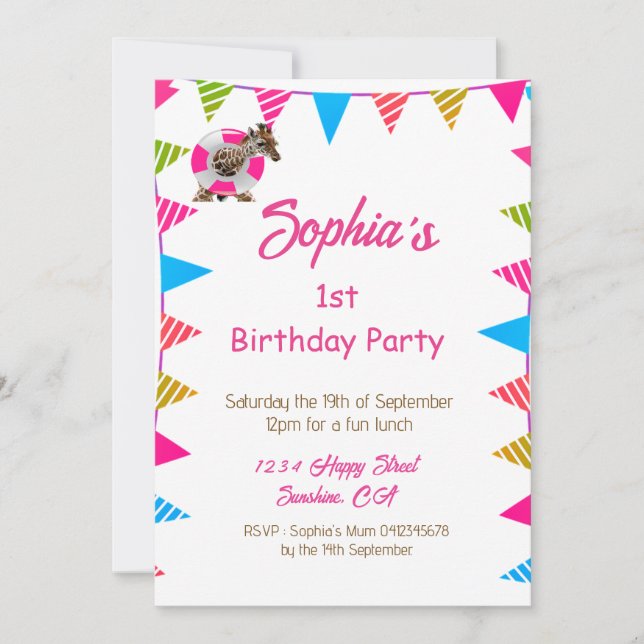 Invitation Ist Anniversaire Joli Enfants Rose Giraffe Drapeau (Devant)