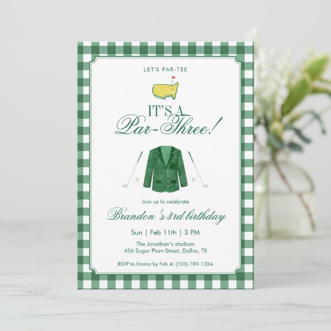 Invitation It’s A Par-Three Golf 3rd Birthday Green Gingham (Debout devant)