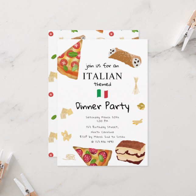 Invitation Italian Food Pizza & Pasta Dinner Party Theme (Devant/Arrière en situation)