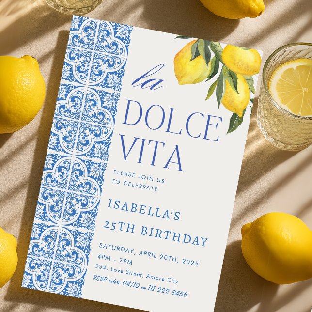 Invitation Italie Dolce Vita Carreaux méditerranéens Annivers (Italian Dolce Vita Mediterranean Tiles Birthday Invitation)
